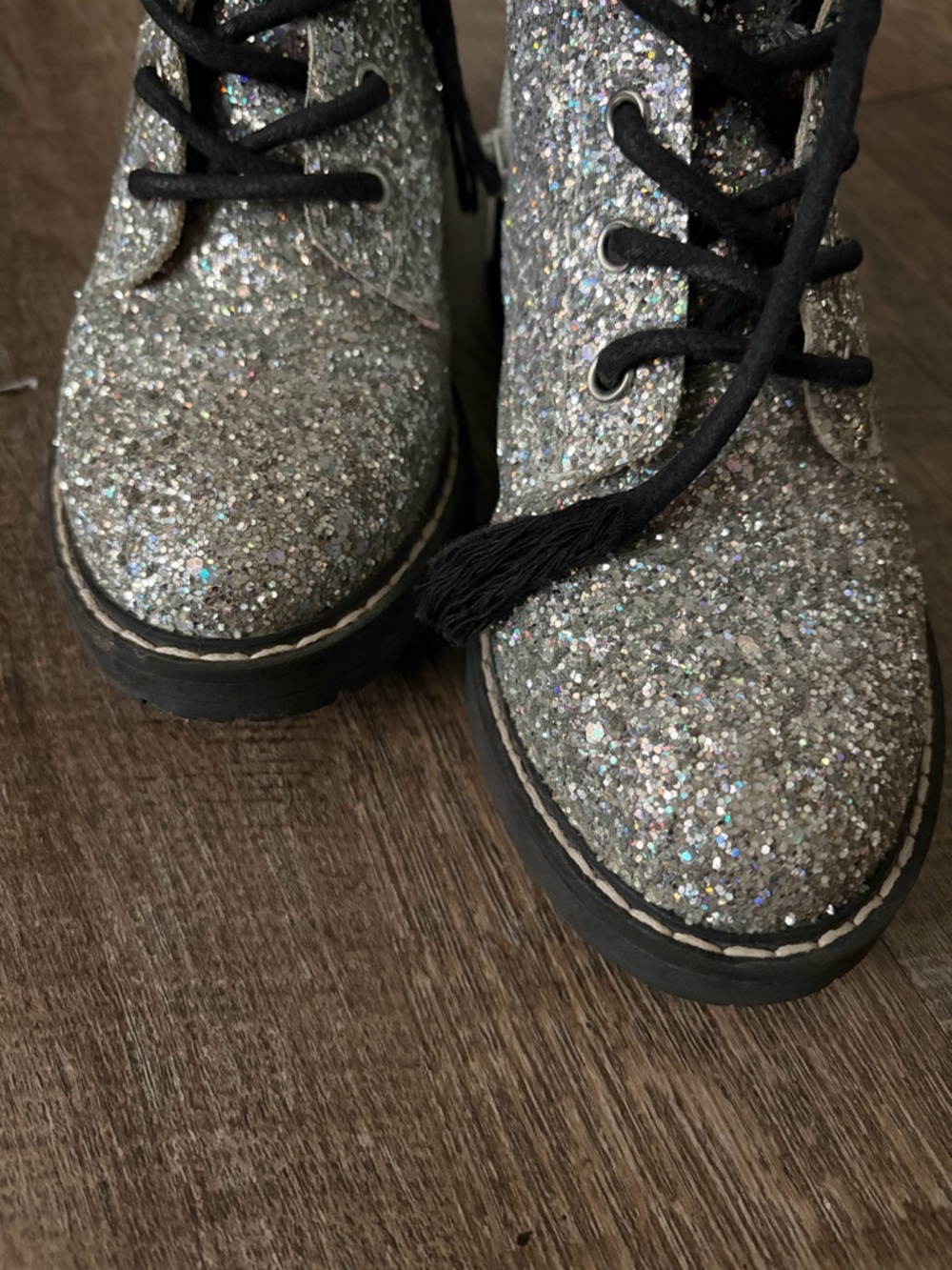 Steve Madden Girls Silver Glitter Lace-Up Combat Boots - Picture 8 of 11